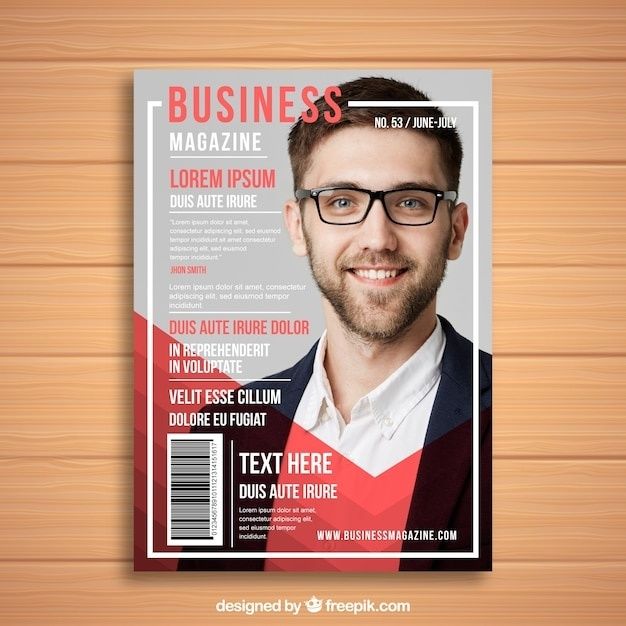 Tijdschriftcover met portret, grote koppen, kleurvlakken en barcode