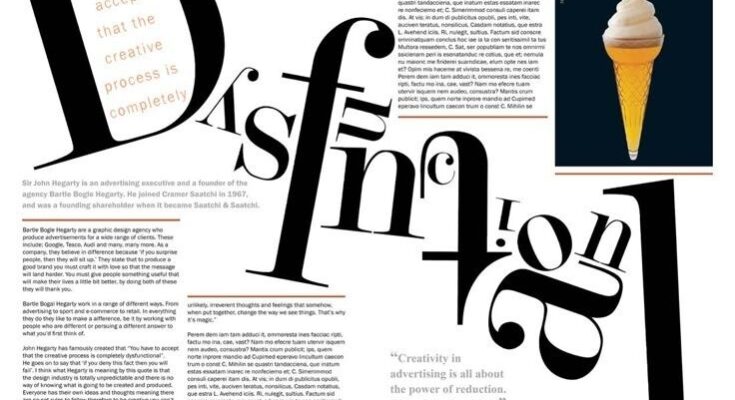 Redactionele spread met grote typografie, witruimte en tekstkolommen